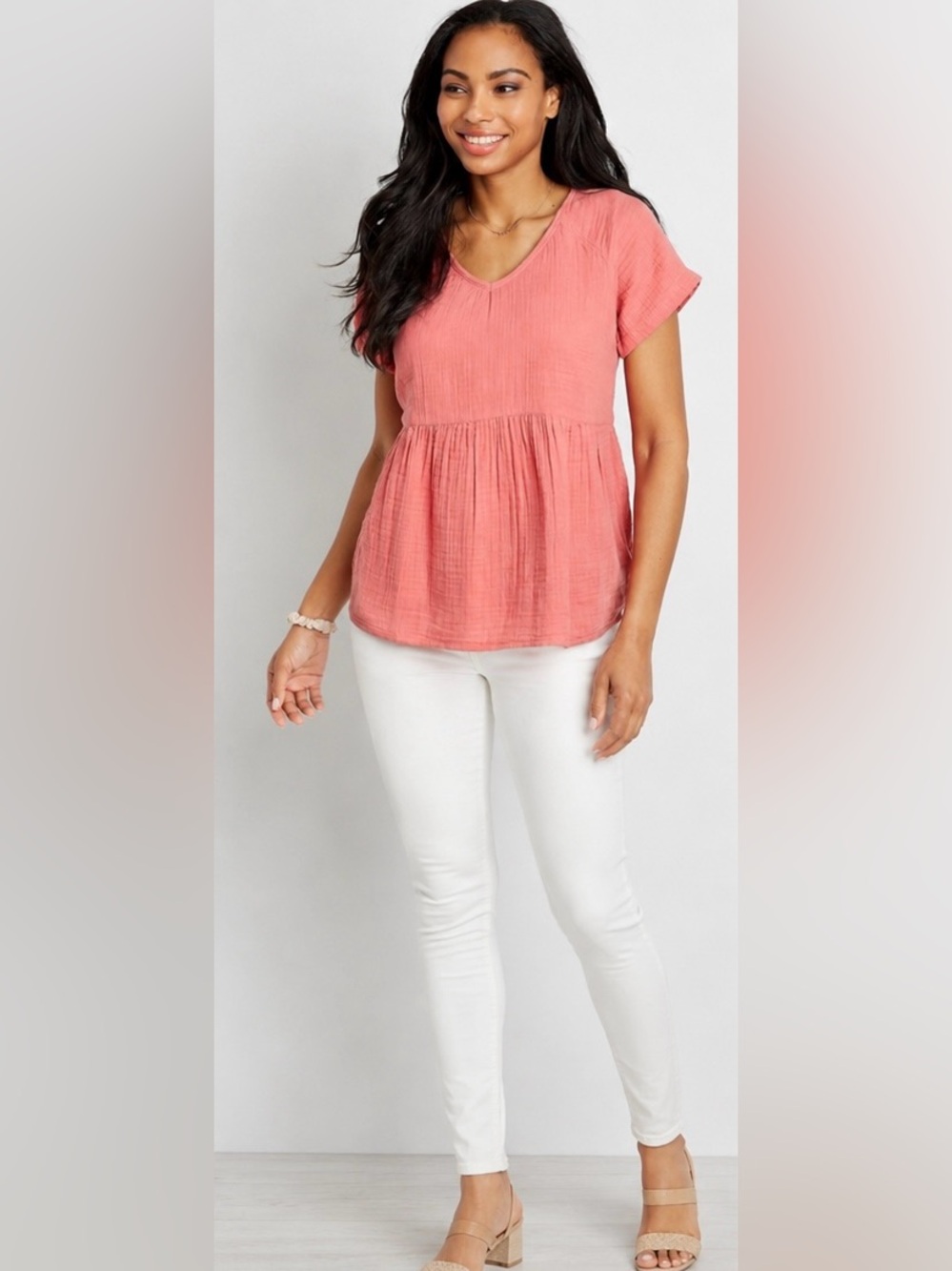 Maurices Coral Peach peplum Crepe Gauze Short Sleeve top